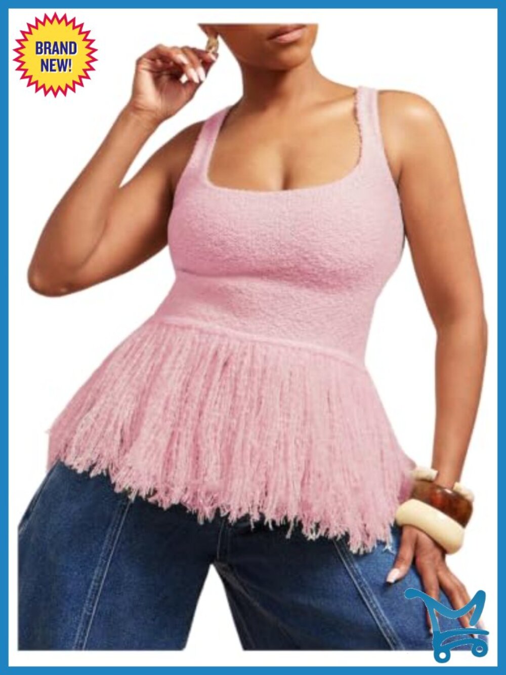 Fringe Knit Tank Top Scoop Neck Sleeveless Summer Vacation Top